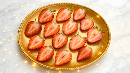 Fresh halved strawberries arranged neatly on golden plate, creating vibrant and appetizing display