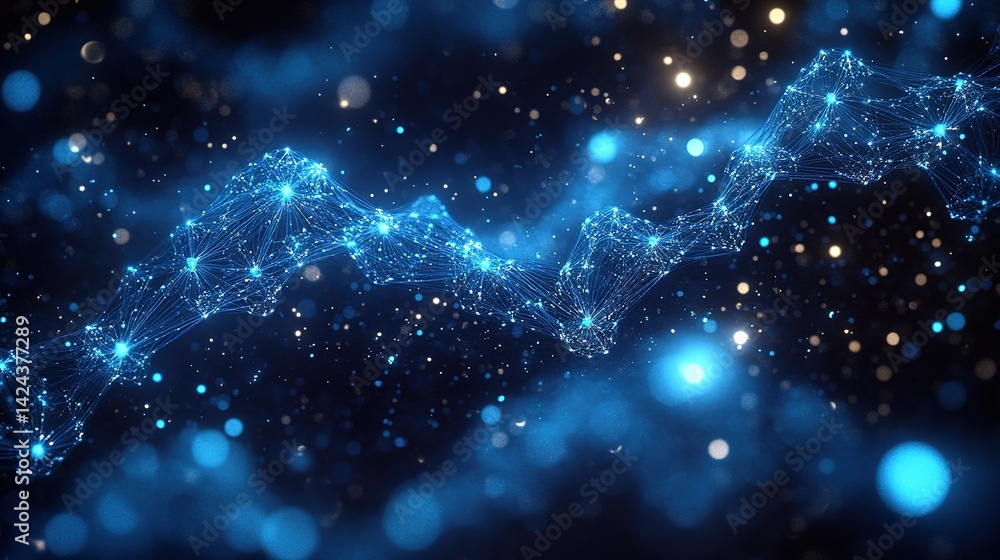 Poster abstract digital wave, interconnected points, glowing particles, dark background. dynamic, futuristi