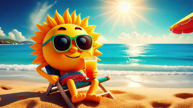 Cartoon style sun relaxing on the beach having a drink.vacation and holidays concept