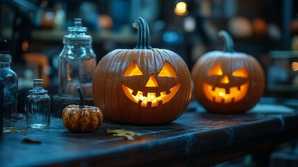Fototapeta premium pumpkins on dark background for halloween 