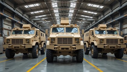 Armored vehicle line up in warehouse