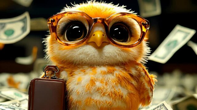 Cute baby owl in glasses, surrounded by money, holding a suitcase.

