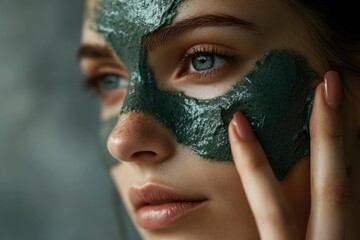 Close-up of a woman applying a dark green facial mask, enjoying a skincare routine.