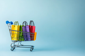 Photo of a shopping cart with colorful paper bags on a light blue background, symbolizing online marketing and sales.