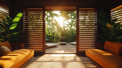 Fototapeta premium Sunny porch view into a lush tropical outdoor patio