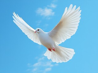 Obraz premium Graceful Flight: White Dove Soaring Freely in Azure Sky, Symbolizing Peace, Hope and Renewal Underneath A Gentle Cloudscape.