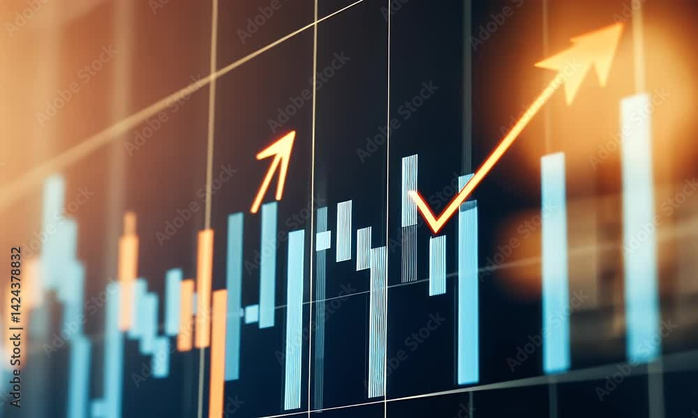 Poster a graph showing an upward trend in sales, with arrows pointing upwards and bar graphs displaying ste