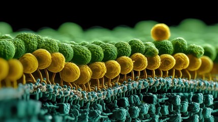 National Lipid Day. Microscopic view of phospholipid bilayer membrane model made from colored resin, showing the hydrophilic heads and hydrophobic tails.