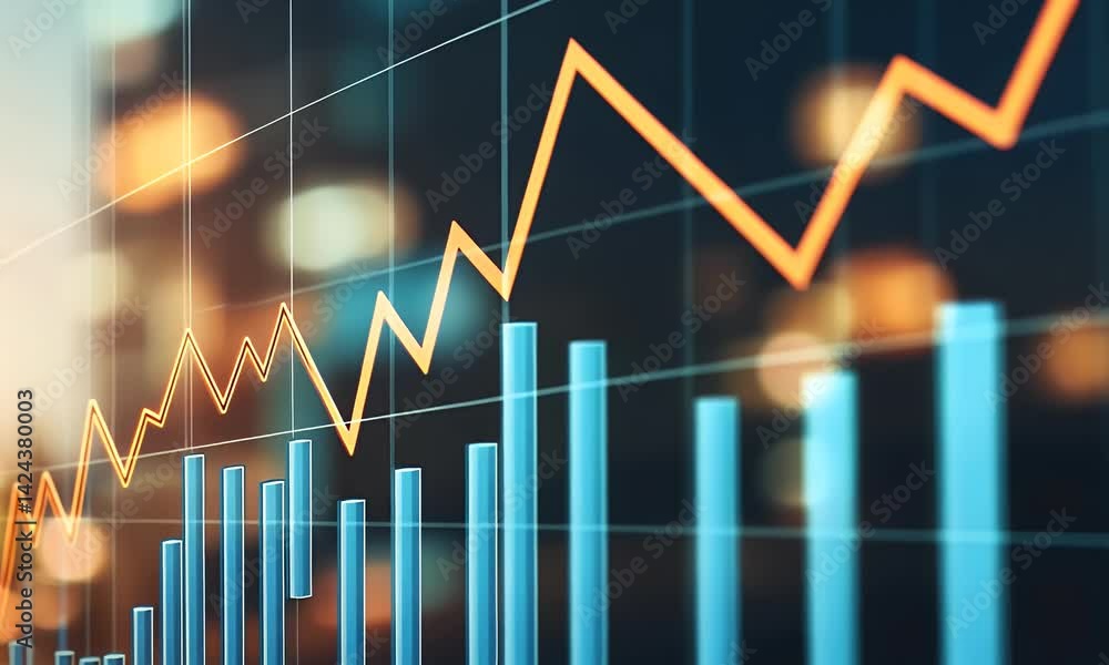 Poster a graph showing an upward trend in sales, with arrows pointing upwards and bar graphs displaying ste