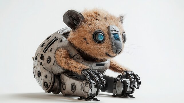 A futuristic, robotic animal with fur and mechanical parts.