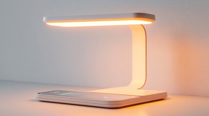 Modern, minimalist desk lamp with integrated phone charging