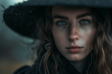 Medieval Salem Witch Spooky Portrait in Atmospheric Mist, Generative AI