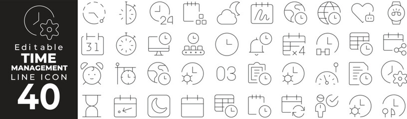 Time Management Icon Set: A Line Icon Collection Featuring Clock, Calendar, Planner, Focus, Deadline, and More