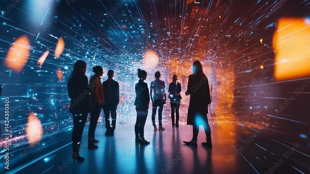Aufkleber diverse team of professionals collaborates in virtual reality data visualization space