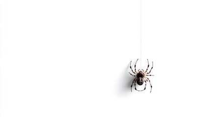 Spider hanging from a web on a white background