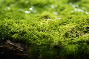 close-up of lush moss carpeting the base of an ancient tree, with tiny water droplets glistening on its surface