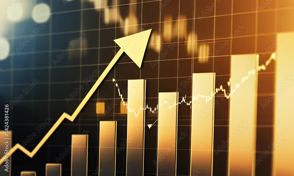 Poster a graph showing an upward trend in sales, with arrows pointing upwards and bar graphs displaying ste