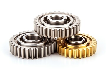 Industrial gear wheels of various sizes with polished metallic surfaces symbolizing power transmission Isolated on white background