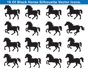 bundle pack of 16 horse silhouette vector Set of Black Running Horse icons Silhouettes on White Background