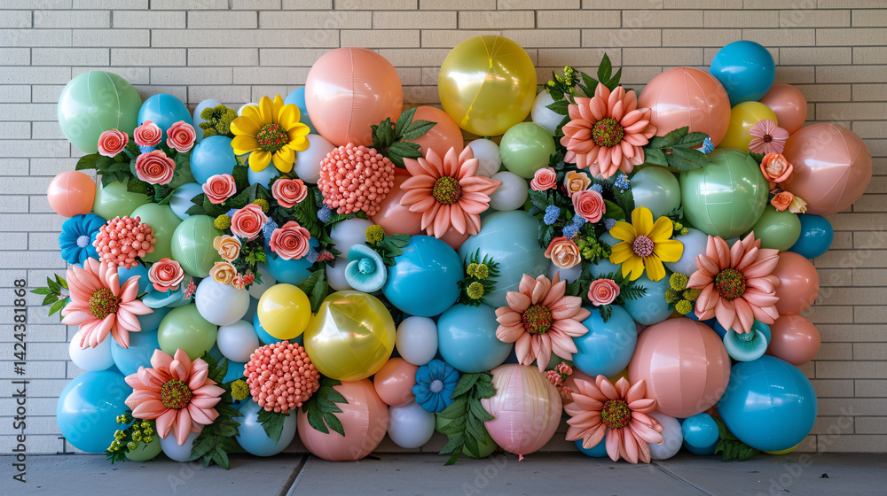 Poster creating a festive ambiance with a lovely display of balloons and paper flowers on the wall for a me