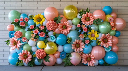 Obraz premium Creating a festive ambiance with a lovely display of balloons and paper flowers on the wall for a memorable event