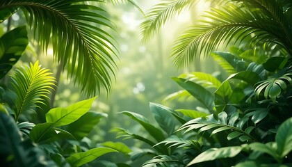 3D Tropical Leaves Summer Background	3D tropical foliage background featuring dense green monstera and palm leaves with depth of field and warm sunlight filtering through for a vibrant summer atmosphe