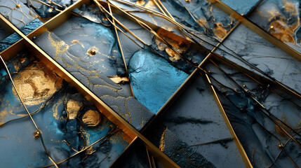 An intricate abstract composition using gold and blue to form an elegant, structured design with contrasting elements that evoke a sense of depth and sophistication.
