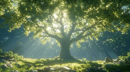 Lush forest scene with sunlight filtering through ancient oak