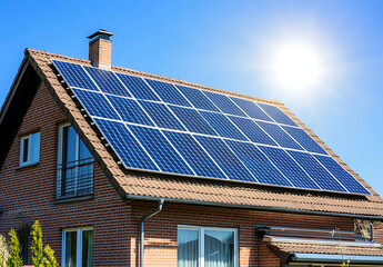 Fototapeta premium Photo of a house with solar panels on the roof, sun shining in the background.