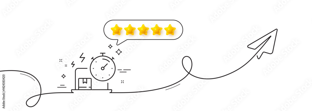 Poster delivery time line icon. continuous line with share plane. parcel shipment sign. online express serv