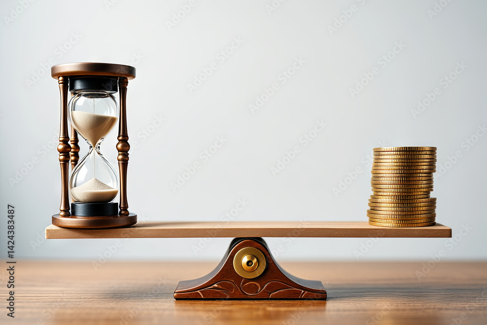 Poster an hourglass on one side of a wooden balance scale contrasts with a stack of coins on the other, sym