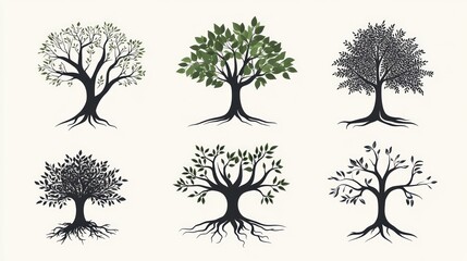 Obraz premium Six stylized tree illustrations; various seasons, roots shown; nature background; design asset