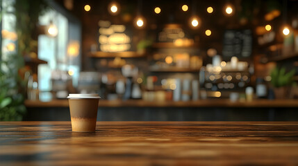 Brown Coffee Cup on Wooden Table in Blurred Cafe Setting