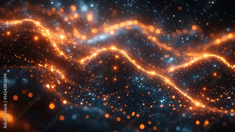 Poster abstract energy flow. dynamic particles of light in motion