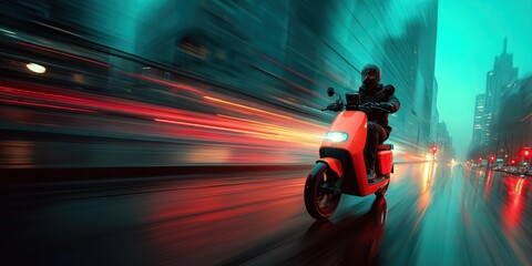  Electric scooter speeding through a futuristic city with glowing lights