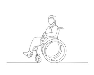 Person with physical disability sitting in wheel chair outline illustration. Continuous line drawing of woman sitting in wheel chair.