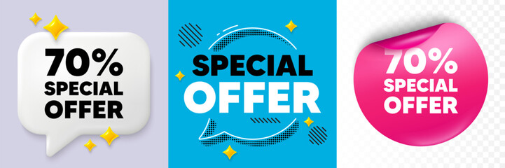 Discount speech bubble. 3d sparkles chat, Paper sticker. 70 percent discount offer tag. Sale price promo sign. Special offer symbol. Special offer bubble. Halftone dots pattern. Vector
