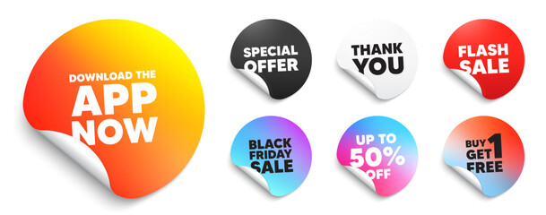 Download app sticker tag. Special offer paper price tags. Download the app now. Web application sign. Get program software symbol. Discount, black friday sticker. Promo banner. Vector