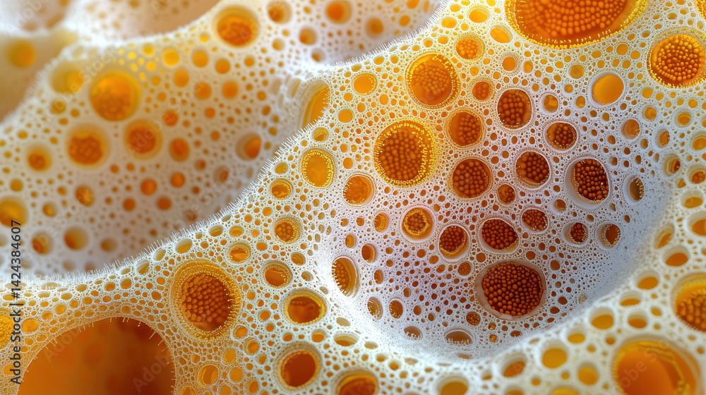 Poster detailed 3d render displaying a pollen grain under a microscope with intricate textures and striking