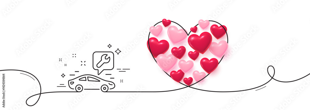 Poster spanner tool line icon. continuous line big heart. car repair service sign. fix instruments symbol. 