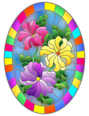 Illustration in stained glass style with a bouquet of bright flowers on a blue background in a bright frame, oval image