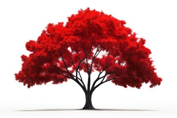 A vibrant red tree with fiery red leaves standing tall in the center, its branches stretching outwards