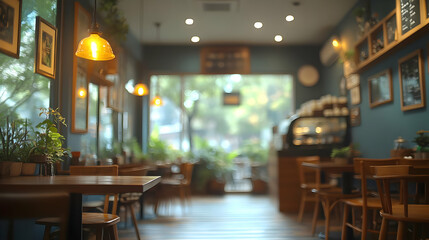 Cozy Cafe Interior with Teal Walls and Wooden Furniture