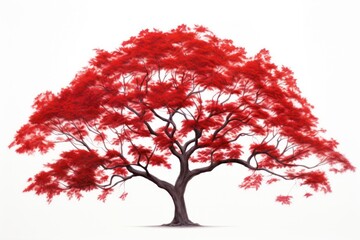 A vibrant red tree with fiery red leaves standing tall in the center, its branches stretching outwards