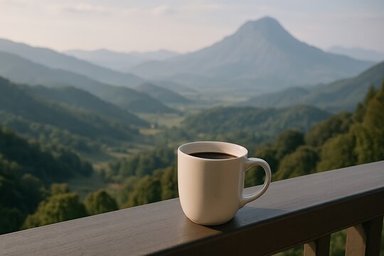 A steaming cup of coffee enjoys a serene morning mountain view from a wooden balcony.
