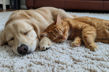 Photo of a golden retriever puppy and an orange cat sleeping on a white carpet, cute and adorable, cuddling, with a bright background and pastel colors.