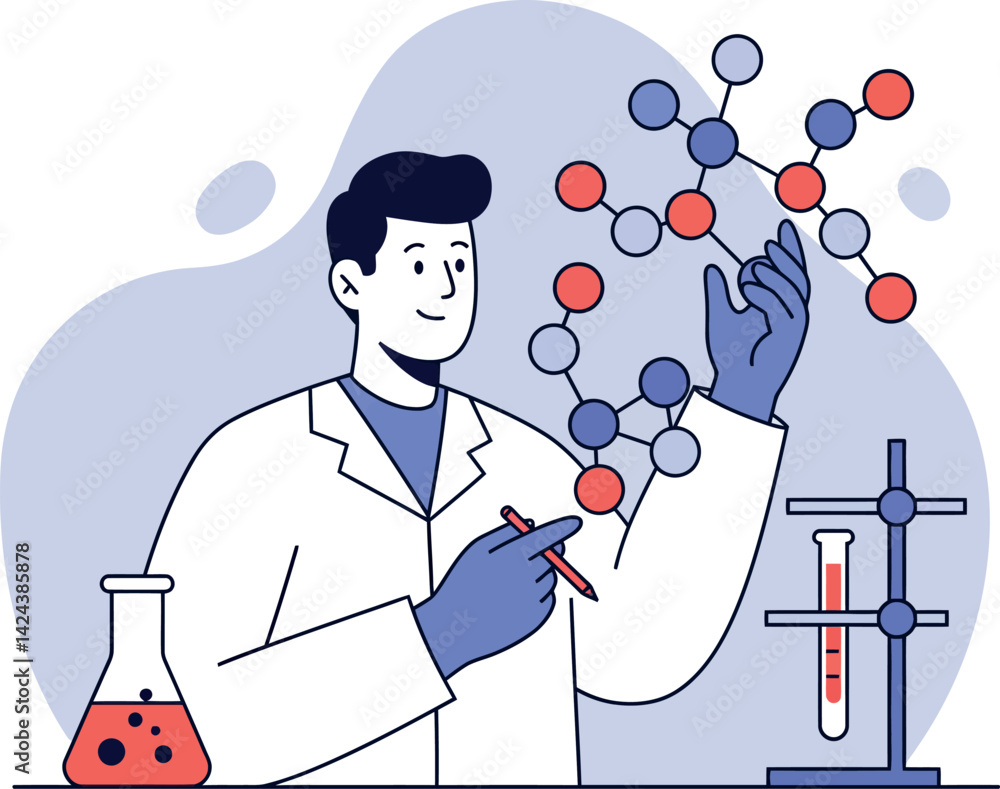 Poster scientist examining molecular structure with lab equipment in science laboratory vector illustration