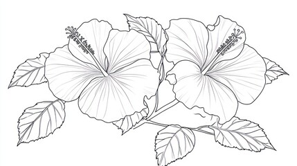 Fototapeta premium Line art hibiscus flowers, leaves, botanical illustration, white background, coloring book