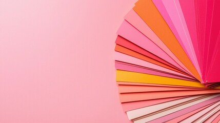 A vibrant spectrum of color swatches fanned out over a soft pink background