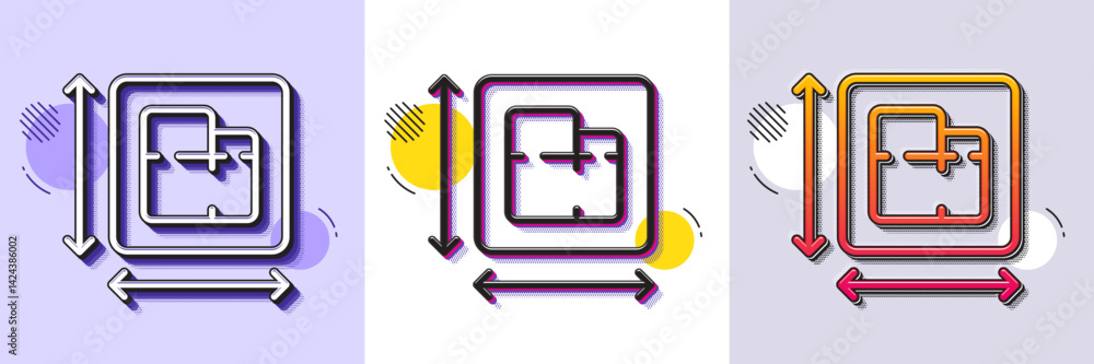 Poster floor plan line icon. halftone dotted pattern. gradient icon with grain shadow. room dimension sign.